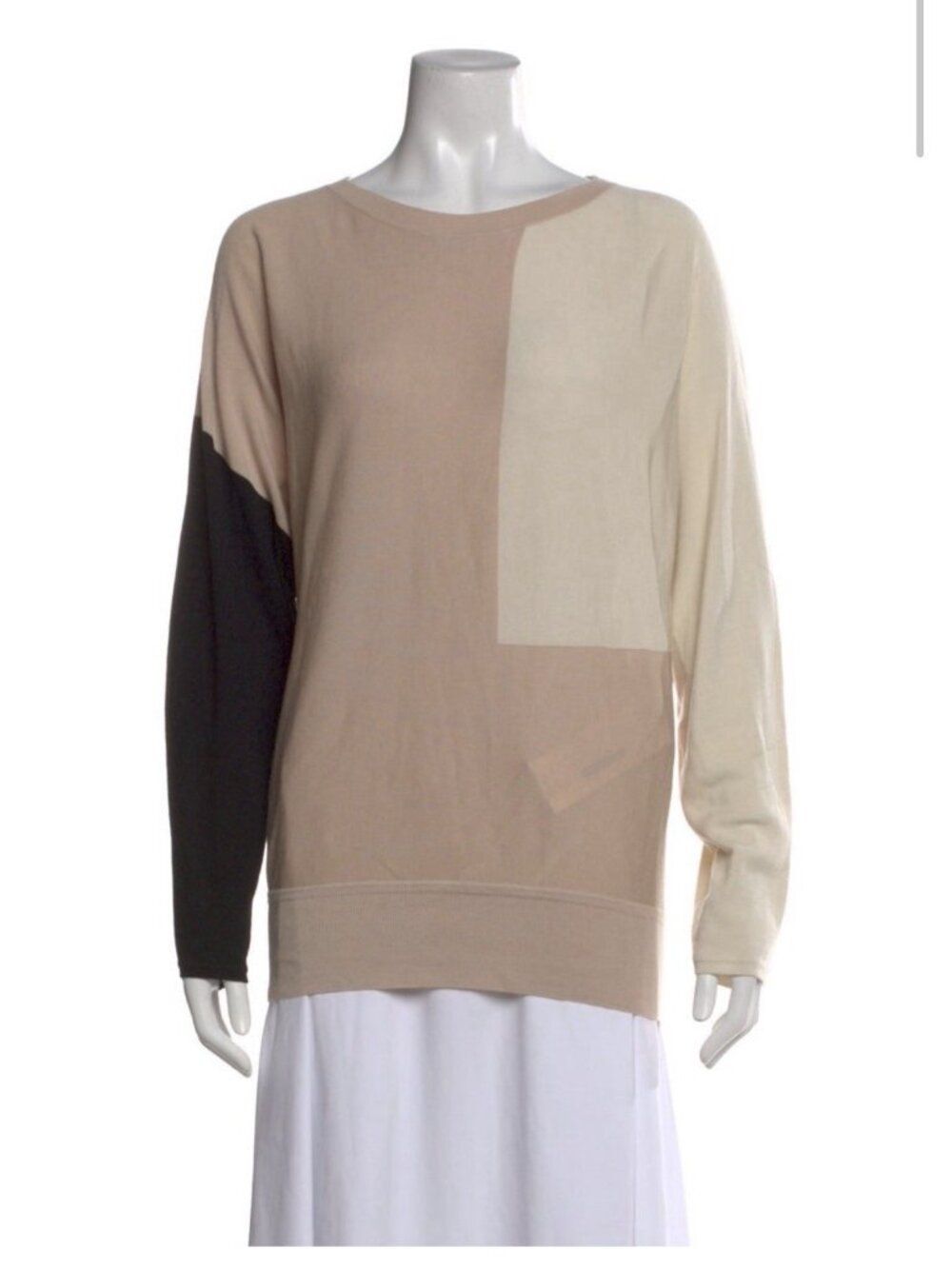 max mara Authentic Ivory Beige Black Colorblock Long Sleeve Crew Neck Knit Top L